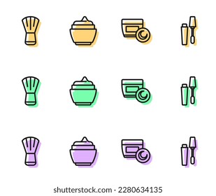 Set line Cream or lotion cosmetic tube, Makeup brush,  and Mascara icon. Vector