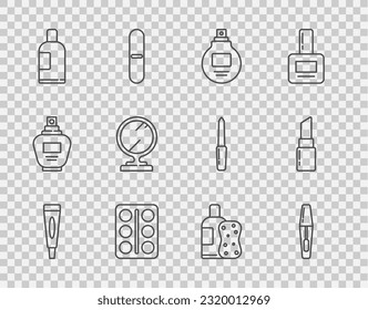 Set line Cream or lotion cosmetic tube, Mascara brush, Perfume, Eye shadow palette, Bottle of shampoo, Round makeup mirror, and sponge and Lipstick icon. Vector
