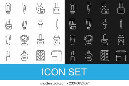 Set line Cream or lotion cosmetic tube, Antiperspirant deodorant roll, Cotton swab for ears,  and Pipette icon. Vector