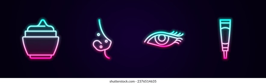 Set line Cream or lotion cosmetic tube, Acne, Woman eye and . Glowing neon icon. Vector