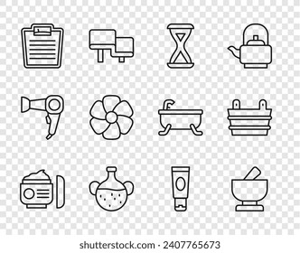 Set line Cream or lotion cosmetic tube, Mortar and pestle, Sauna hourglass, Essential oil bottle, Bathroom scales, Flower,  and bucket icon. Vector
