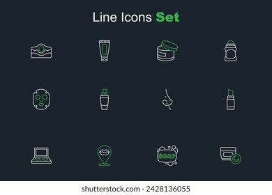 Set line Cream or lotion cosmetic tube, Bar of soap, Smiling lips, Eye shadow palette with brush, Lipstick, Acne, Tube hand cream and Facial mask icon. Vector