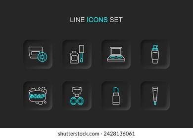 Set line Cream or lotion cosmetic tube, Lipstick, Eyelash curler, Bar of soap, Tube hand cream, shadow palette with brush, Bottle nail polish and Sunscreen in icon. Vector