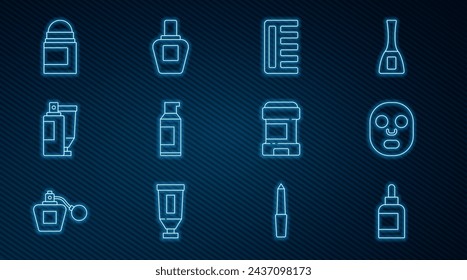 Set line Cream or lotion cosmetic tube, Facial mask, Hairbrush, Spray can for hairspray, Antiperspirant deodorant roll,  and Perfume icon. Vector