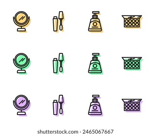 Set line Cream or lotion cosmetic tube, Round makeup mirror, Mascara brush and Makeup powder with icon. Vector