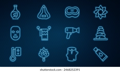Set line Cream or lotion cosmetic tube, Stack hot stones, Bar of soap, Towel hanger, Facial mask, Essential oil bottle, Hair dryer and Sauna hat icon. Vector
