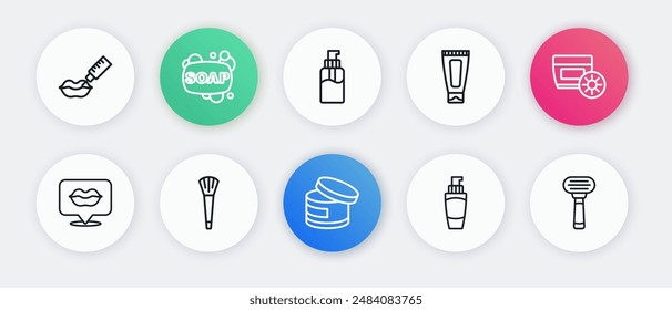 Set line Cream or lotion cosmetic tube, Sunscreen cream in, Smiling lips, Tube of hand, Bottle liquid soap, Shaving razor and Makeup brush icon. Vector