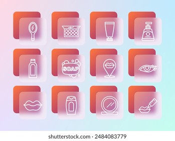 Set line Cream or lotion cosmetic tube, Bottle of shampoo, Smiling lips, Makeup powder with mirror, Bar soap, Hand and  icon. Vector