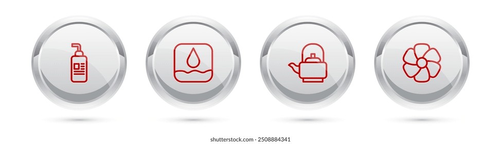 Set line Cream or lotion cosmetic tube, Water drop, Kettle with handle and Flower. Silver circle button. Vector