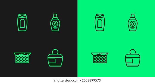 Set line Cream or lotion cosmetic tube, Makeup powder with mirror, Bottle of shampoo and  icon. Vector