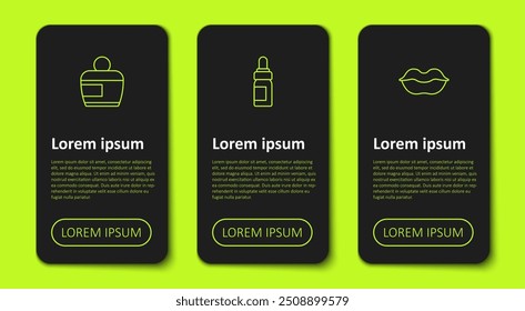 Set line Creme ou loção tubo cosmético, garrafa de óleo essencial e lábios sorridentes. Modelo de infográfico comercial. Vetor