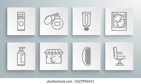 Set line Cream or lotion cosmetic tube, Aftershave, Barbershop building, Hairbrush, chair, Glass of whiskey and ice cubes and Shaving gel foam icon. Vector