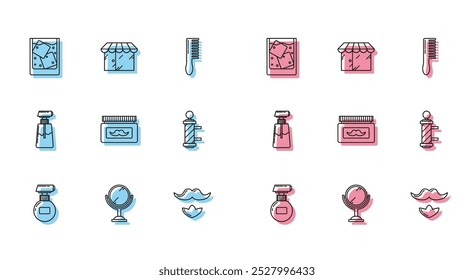 Set line Cream or lotion cosmetic tube, Hand mirror, Glass of whiskey ice cubes, Mustache beard, jar, Classic Barber shop pole,  and Barbershop building icon. Vector