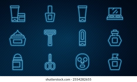 Set line Cream or lotion cosmetic tube, Perfume, Shaving razor, Bottle of shampoo and Nail polish bottle icon. Vector