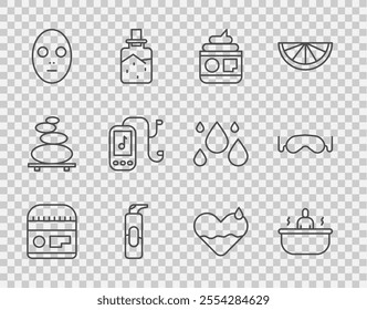 Set line Cream or lotion cosmetic tube, Bathtub, Spray can for hairspray, Facial mask, Music player, Heart heal and Eye sleep icon. Vector