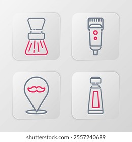 Set line Cream or lotion cosmetic tube, Barbershop, Electrical hair clipper shaver and Shaving brush icon. Vector