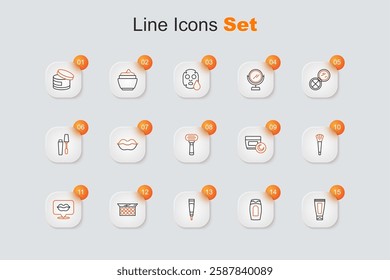 Set line Cream or lotion cosmetic tube, Bottle of shampoo, Makeup powder with mirror, Smiling lips, brush,  and Shaving razor icon. Vector