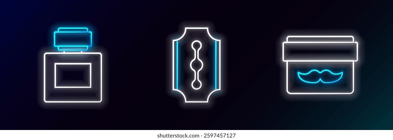 Set line Cream or lotion cosmetic jar, Aftershave and Blade razor icon. Glowing neon. Vector
