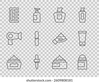 Set line Cream or lotion cosmetic tube, Antiperspirant deodorant roll, Pipette, Hairbrush, Nail file,  and  icon. Vector