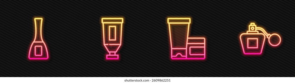 Set line Cream or lotion cosmetic tube, Nail polish bottle,  and Perfume. Glowing neon icon. Vector