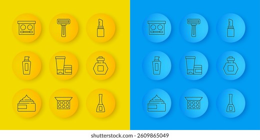 Set line Cream or lotion cosmetic tube, Bottle of shampoo, Nail polish bottle, Perfume, Eye shadow palette, Lipstick and Shaving razor icon. Vector