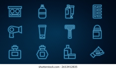 Set line Cream or lotion cosmetic tube, Antiperspirant deodorant roll, Hair dryer, Eye shadow palette, Shaving razor and Perfume icon. Vector