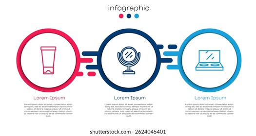 Set line Cream or lotion cosmetic tube, Round makeup mirror and Makeup powder with. Business infographic template. Vector