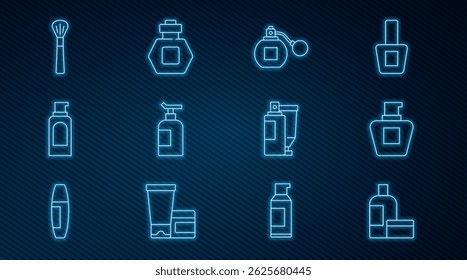Set line Cream or lotion cosmetic tube, Perfume, Spray can for hairspray, Makeup brush,  and  icon. Vector