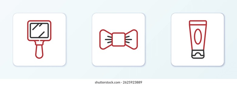 Set line Cream or lotion cosmetic tube, Hand mirror and Bow tie icon. Vector