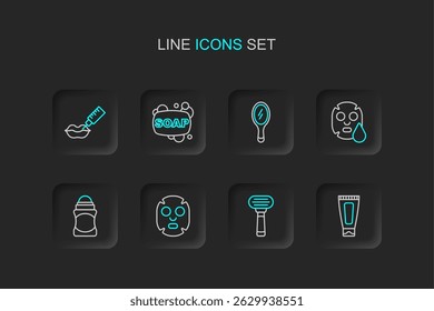 Set line Cream or lotion cosmetic tube, Shaving razor, Facial mask, Deodorant roll, Hand mirror, Bar of soap and Lip augmentation icon. Vector