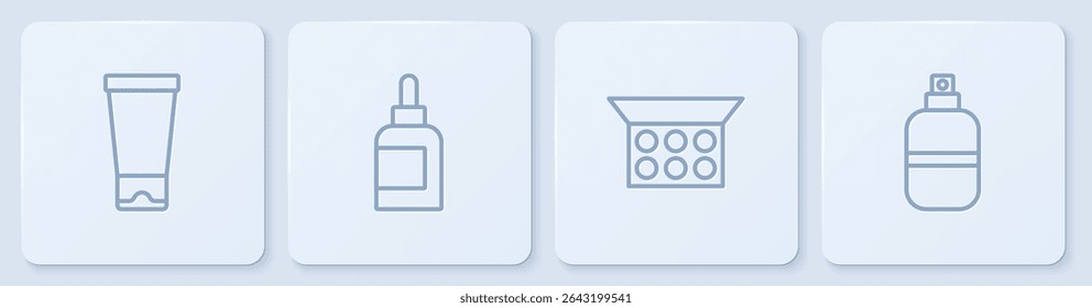 Set line Cream or lotion cosmetic tube, Makeup powder with mirror,  and Perfume. White square button. Vector