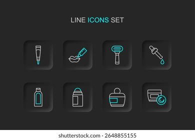 Set line Cream or lotion cosmetic tube, Deodorant roll, Bottle of shampoo, Pipette with oil, Shaving razor, Lip augmentation and  icon. Vector