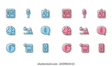 Set line Create account, Information, News, Mobile recording, Breaking news, World and Microphone icon. Vector