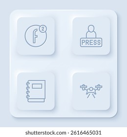 Set line Create account, Journalist news, Notebook and Drone. White square button. Vector
