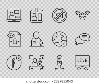 Set line Erstellen Sie Account, Live-Bericht, Zensored Stempel, Fernsehen, World News, Journalist, Mikrofon und Speech Blase Chat Symbol. Vektorgrafik
