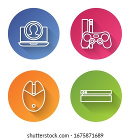 Set line Create account screen, Game console with joystick, Computer mouse gaming and Video game console. Color circle button. Vector