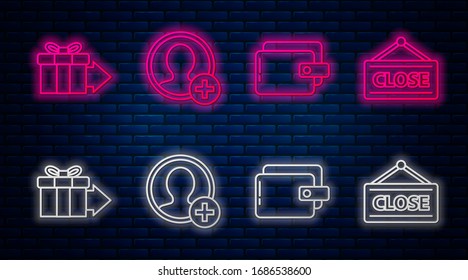 Establecer línea Crear pantalla de cuenta, Cartera, Regalo y Signo de Colgar con Cerrado. Icono de neón brillante en la pared de ladrillo. Vector
