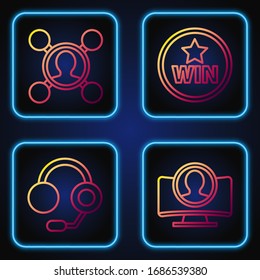 Set line Create account screen, Headphones, Share and Medal. Gradient color icons. Vector