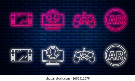 Set line Create account screen, Gamepad, Portable video game console and Ar, augmented reality. Glowing neon icon on brick wall. Vector