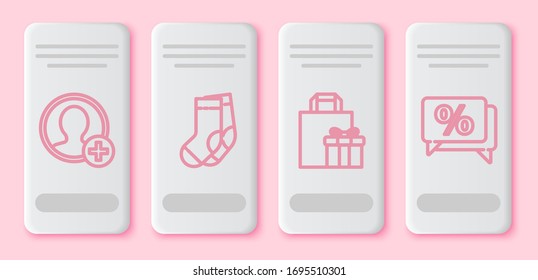 Set line Create account screen, Socks, Gift box and Discount percent tag. White rectangle button. Vector