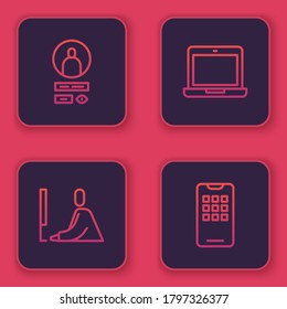 Set line Create account screen, Student working laptop, Laptop and Mobile phone. Blue square button. Vector