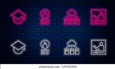 Set line Create account screen, Cloud or online library, Graduation cap globe and Online education. Glowing neon icon on brick wall. Vector