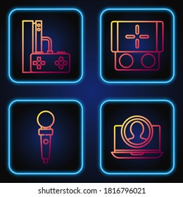 Set line Create account screen, Joystick for arcade machine, Game console with joystick and Portable video game console. Gradient color icons. Vector