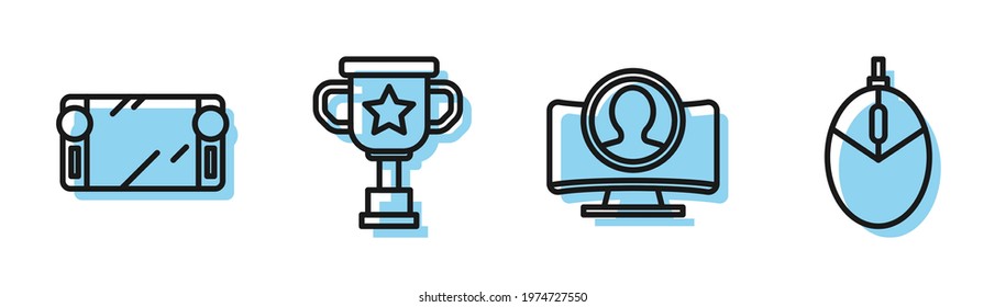 Set line Create account screen, Portable video game console, Award cup and Computer mouse gaming icon. Vector
