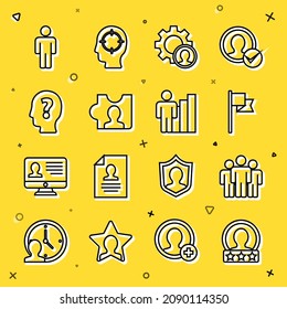 Set line Create account screen, Users group, Location marker, Head hunting, with question, of man and Productive human icon. Vector