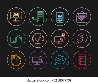 Fijar línea Crear pantalla de cuenta en móvil, móvil y exclamación, Marcar en círculo, Mano arriba, Monitor con información de preguntas frecuentes, Servicio de monitor de computadora e icono de servidor. Vector