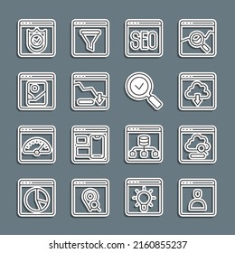 Set line Create account screen, download, SEO optimization, Financial growth decrease, Photo retouching, Browser with shield and Magnifying glass check mark icon. Vector