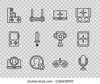 Fijar línea Crear pantalla de cuenta, Micrófono, Portátil, Crear Premium, Consola de juego con joystick, Espada para juego, Gamepad e icono Tablet. Vector