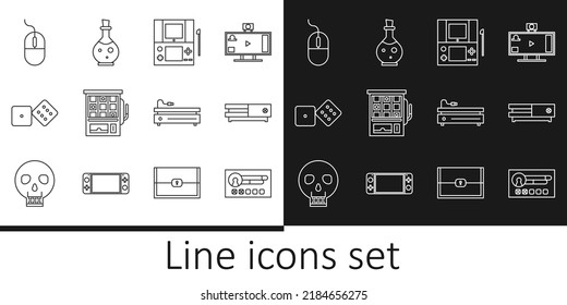 Set line Create account screen, Video game console, Portable video, Slot machine, Game dice, Computer mouse,  and Bottle with magic elixir icon. Vector