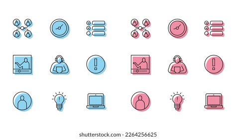 Set line Create account screen, Light bulb with concept of idea, Online class, Laptop, Student, Information, education and Clock icon. Vector
